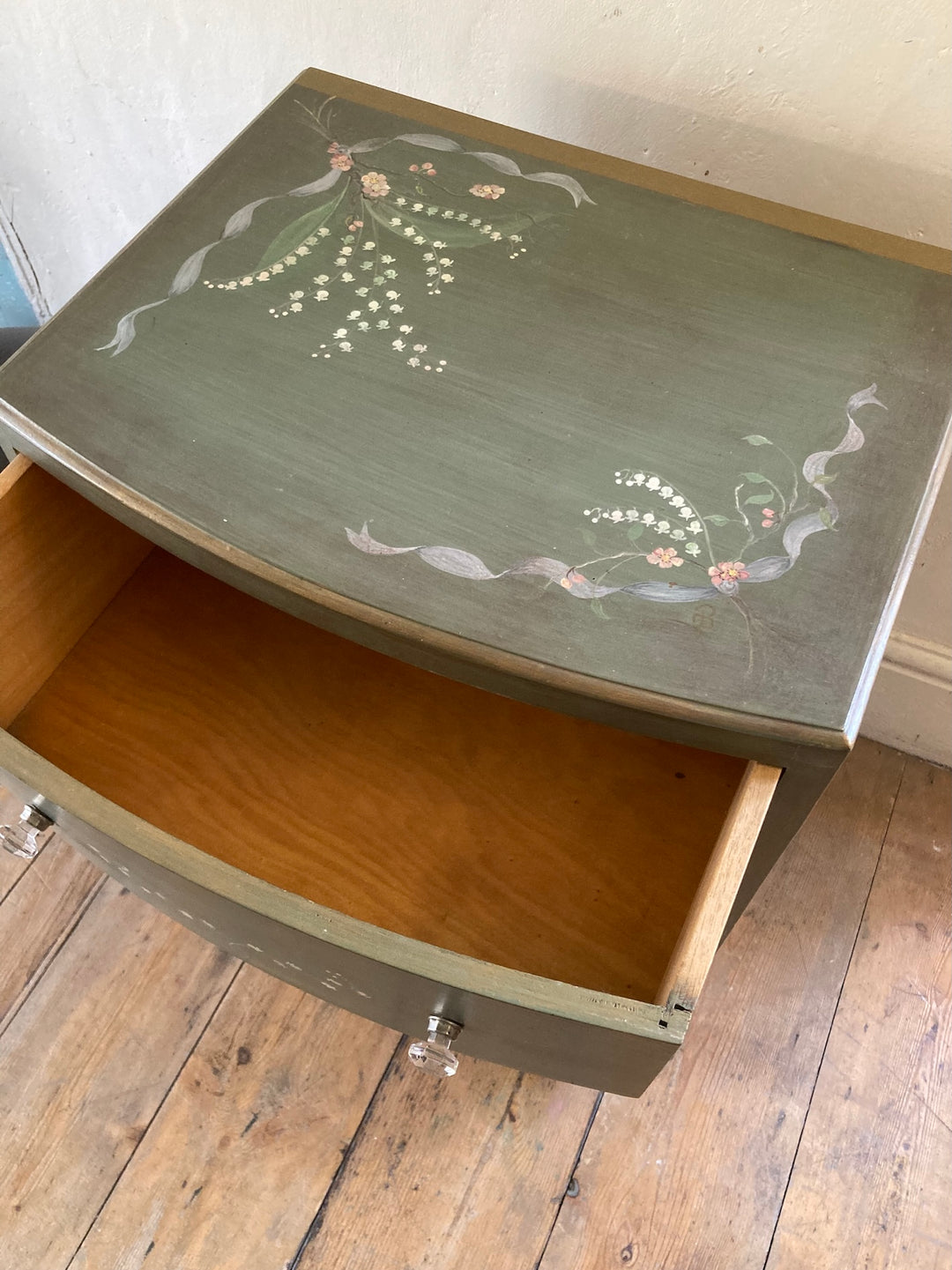 Small chest of drawers with hand-painted lily of the valley design from Source for the Goose, Devon.