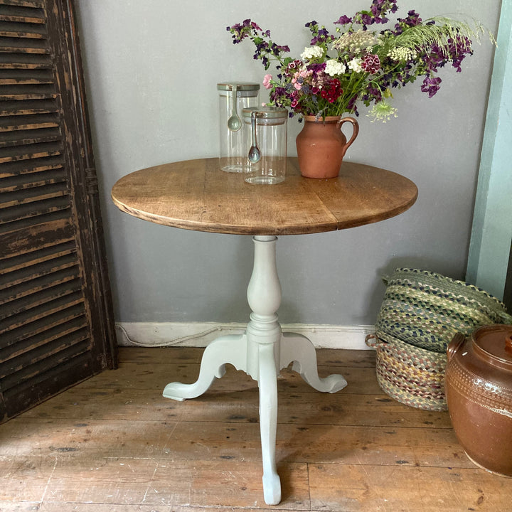 round tilt top table painted in Annie Sloan Cotswold Green Satin Paint at Source for the Goose, South Molton, Devon