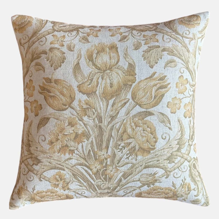 Yellow Tulip Bouquet Linen Mix Cushion by Source for the Goose, featuring an elegant floral pattern on a light background.