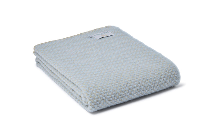 Tweedmill Twill Duck Egg and Oatmeal Throw, luxurious woven blanket from Source for the Goose Devon, folded, elegant blue shade.