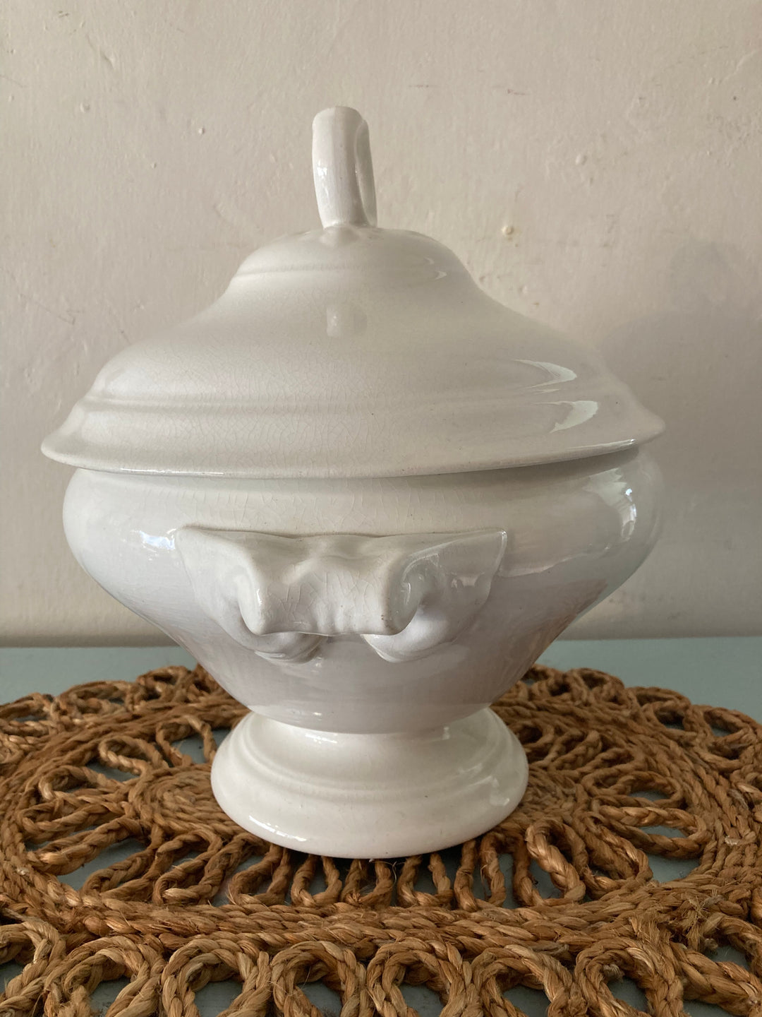 Large Antique White Tureen with handles, perfect for farmhouse kitchens and rustic dining. Source for the Goose, Devon.