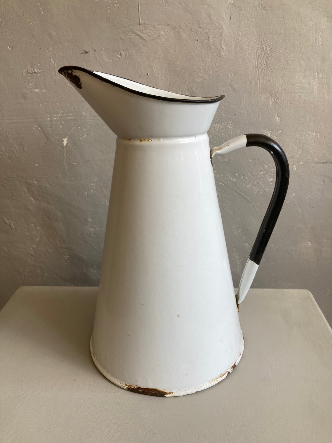 Vintage French Enamel White and Black Jug for sale at Source for the Goose, Devon