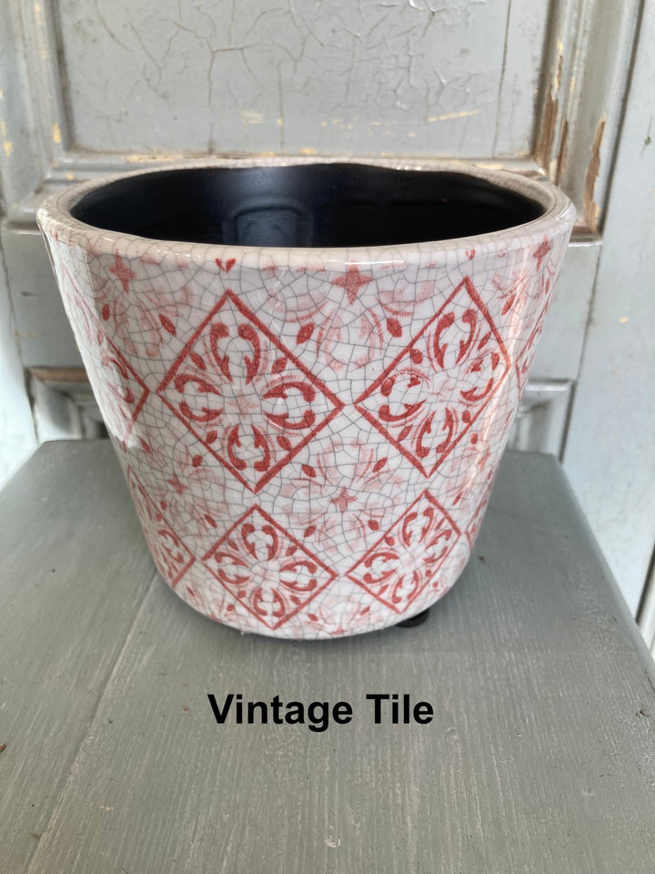 Rose Pink Dutch Style vintage flowerpot with intricate vintage tile design, perfect for herbs and indoor decor.