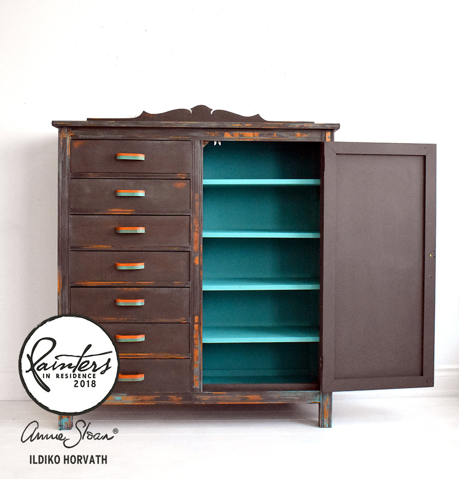 Elegant dresser painted with Honfleur Chalk Paint by Annie Sloan, showcasing rich brown and teal interiors, styled by Ildiko Horvath.