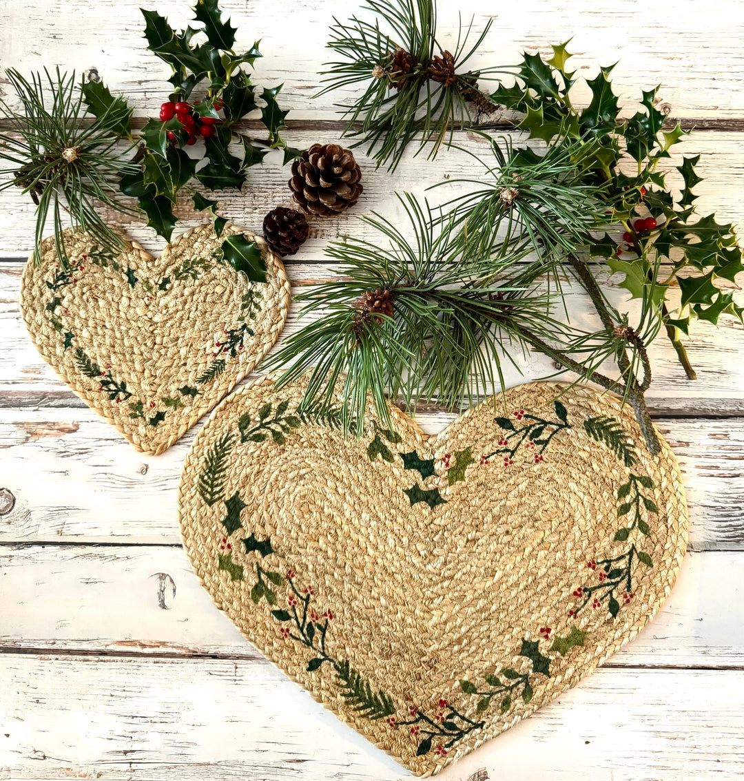 Heart Shaped Christmas Natural Jute Coaster with Holly Design, by Source for the Goose Devon, adding rustic charm to festive decor.