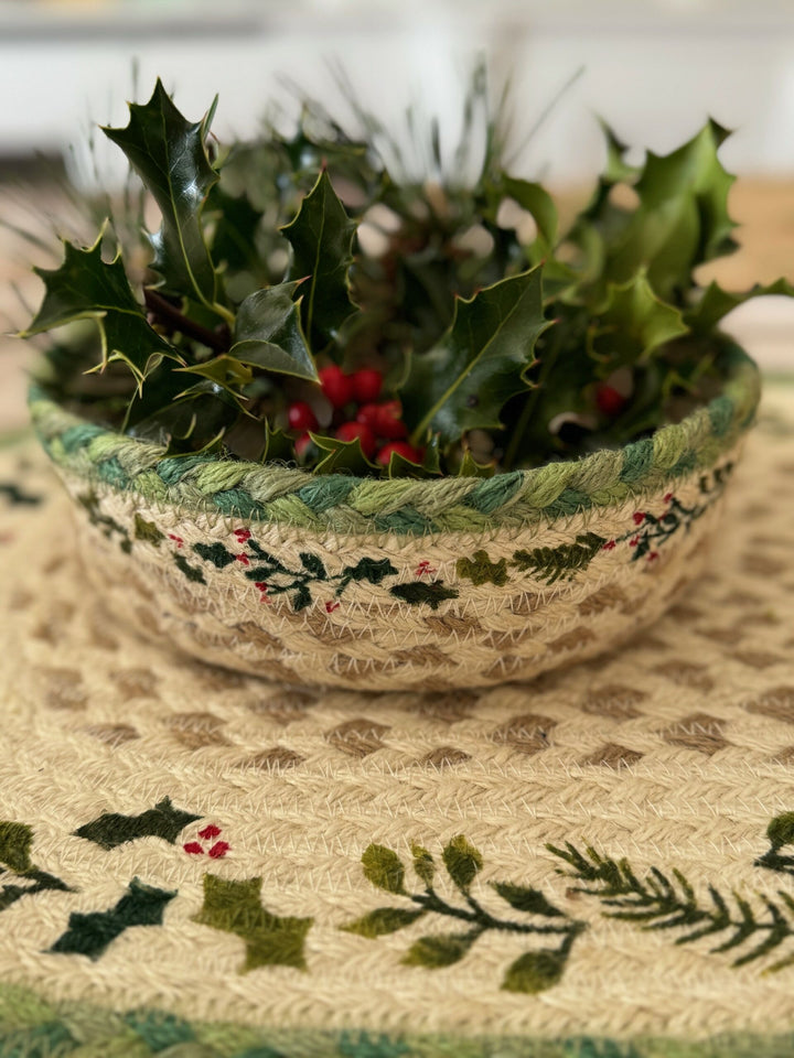 Christmas Jute Mini Basket with holly and spruce design from Source for the Goose Devon, perfect for festive decor.