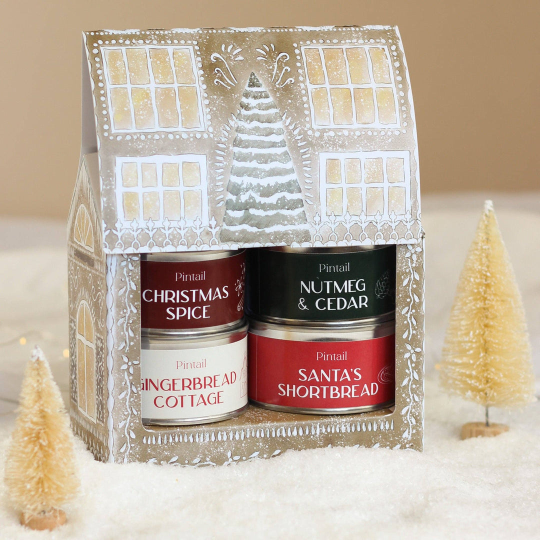 Pintail Candles Gingerbread Cottage Gift Set featuring Christmas Spice, Nutmeg & Cedar, Gingerbread Cottage, and Santa's Shortbread candles