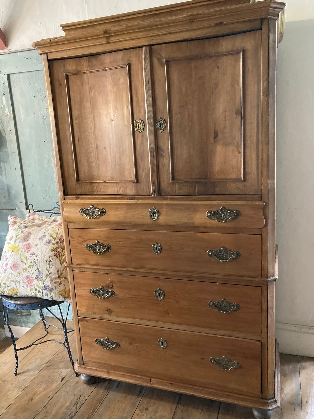 Antique Pine French Linen Press with two doors and four drawers, featuring brass handles, Source for the Goose, Devon.