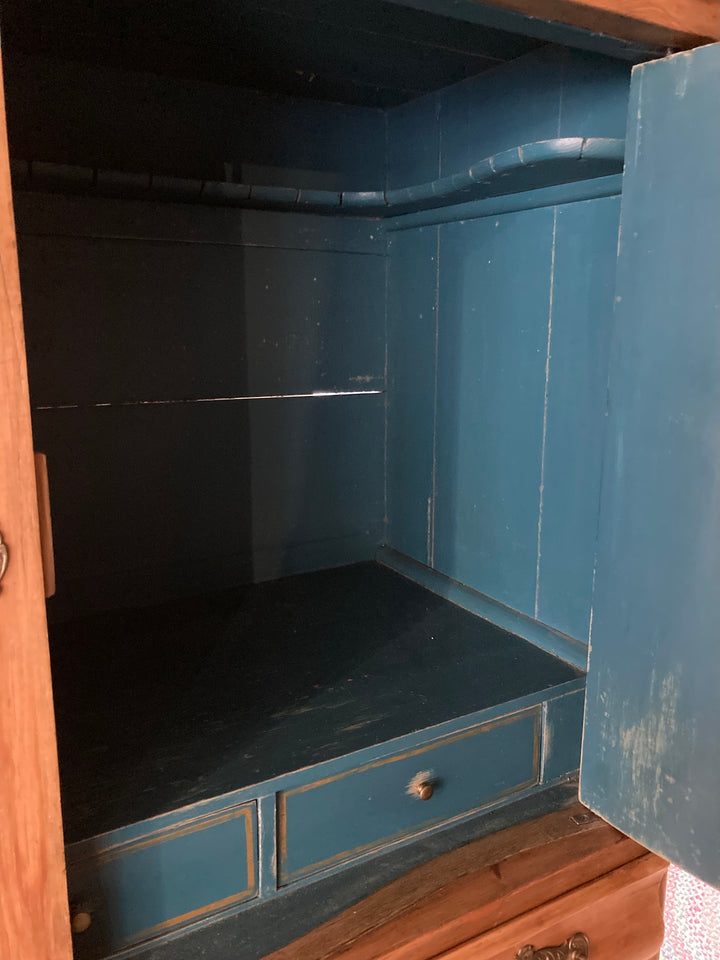 Interior view of Antique Pine French Linen Press showcasing blue interior and drawer, perfect for stylish storage.