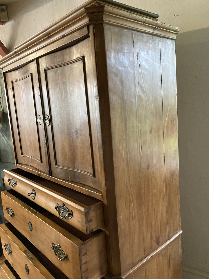 Antique Pine French Linen Press with two doors and four drawers, featuring brass handles, from Source for the Goose, Devon.