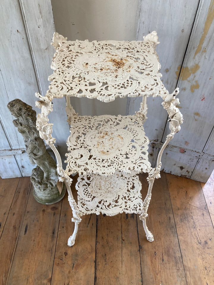 Antique white cast iron plant stand with delicate filigree design, perfect for vintage home decor - Source for the Goose, Devon.