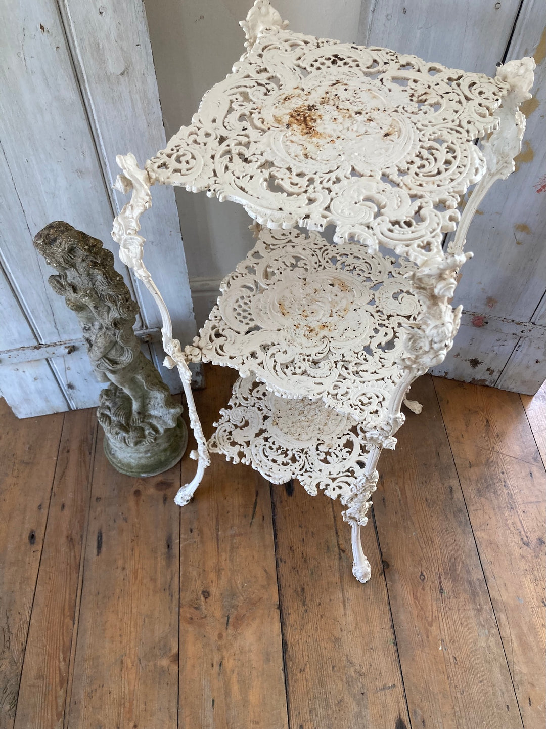 Antique White Cast Iron Plant Stand with intricate filigree design, ideal for stylish plant display, Source for the Goose, Devon.