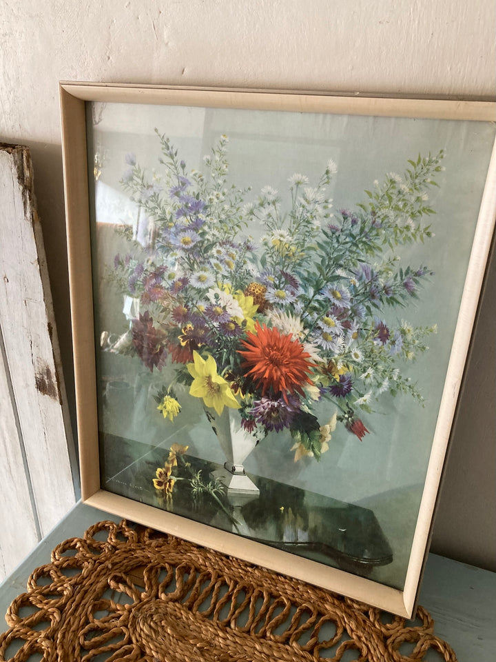 Framed Vernon Ward Print of autumn flowers in a vase showcasing vintage charm from Source for the Goose, Devon.