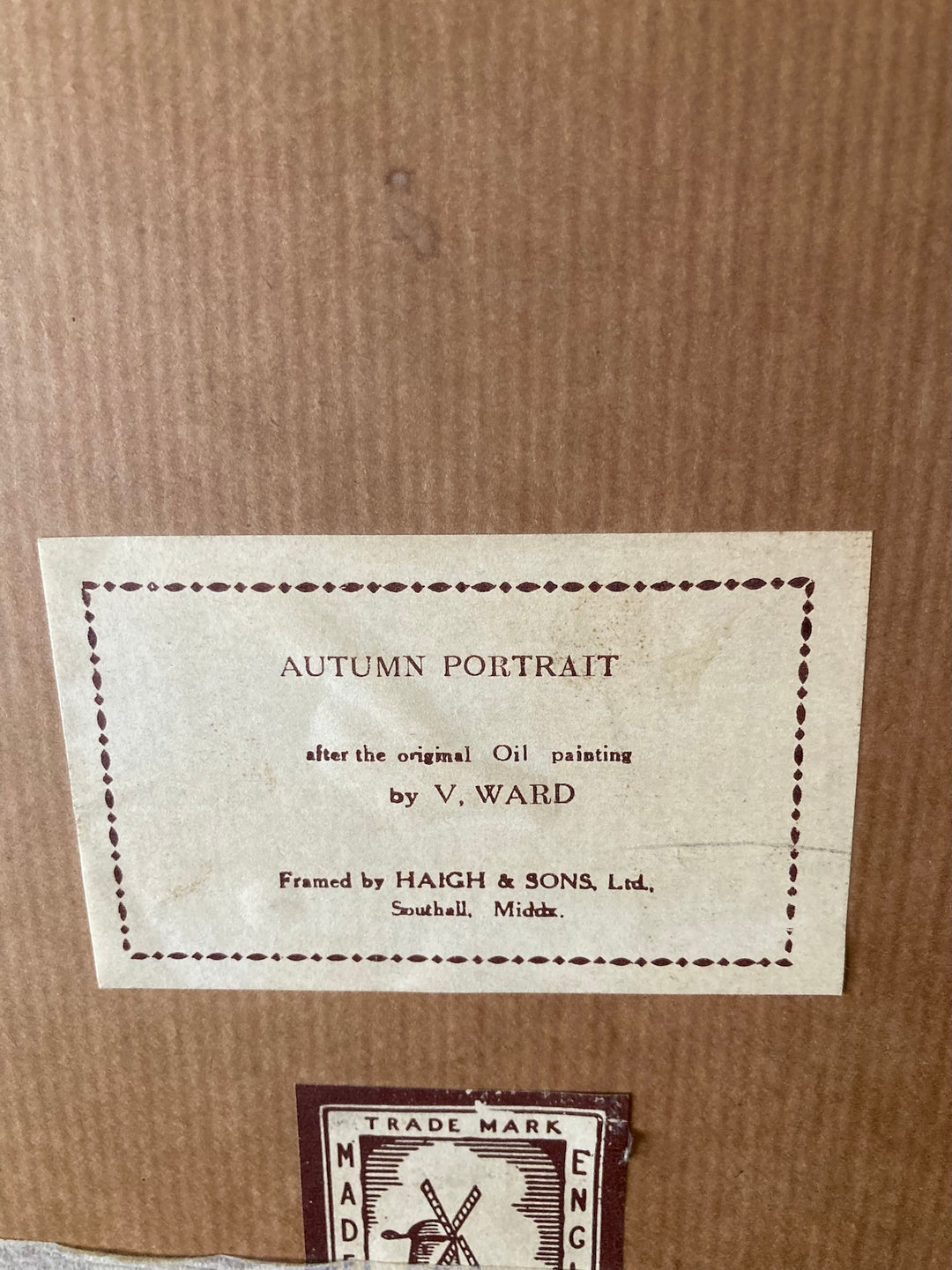 Label for Autumn Portrait print by V. Ward, framed by Haigh & Sons, featuring oil painting details.