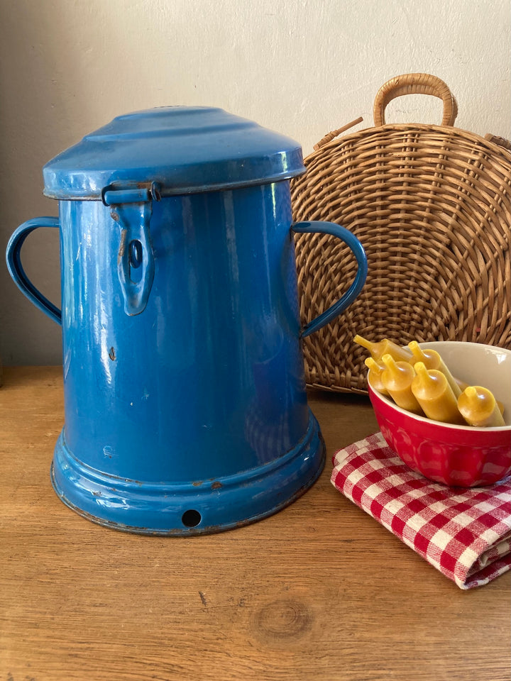 Vintage blue enamel bucket with lid, vintage kitchenalia from Source for the Goose, Devon, adding charm to any decor.