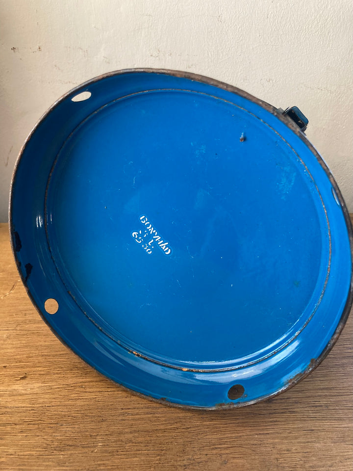 Vintage blue enamel bucket lid with vent holes, showcasing a charming design for French country decor from Source for the Goose, Devon.