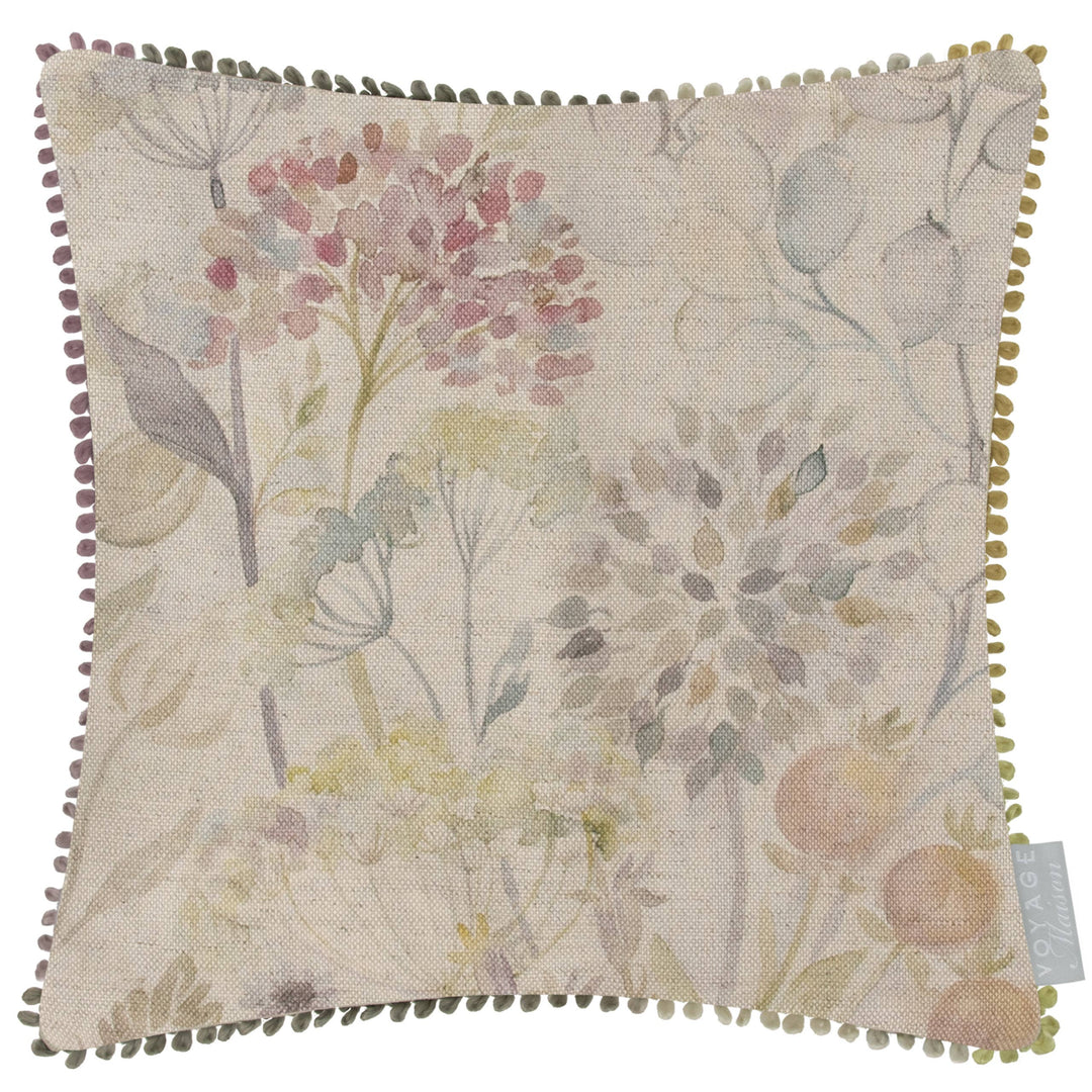 Small Hedgerow Printed Cushion with floral design and pom-pom trim, perfect for rustic decor by Source for the Goose, Devon.