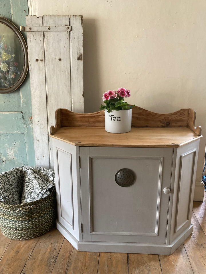 Vintage pantry cupboard with air vent, soft grey finish, ideal for charming kitchen decor, sourced from Source for the Goose, Devon.