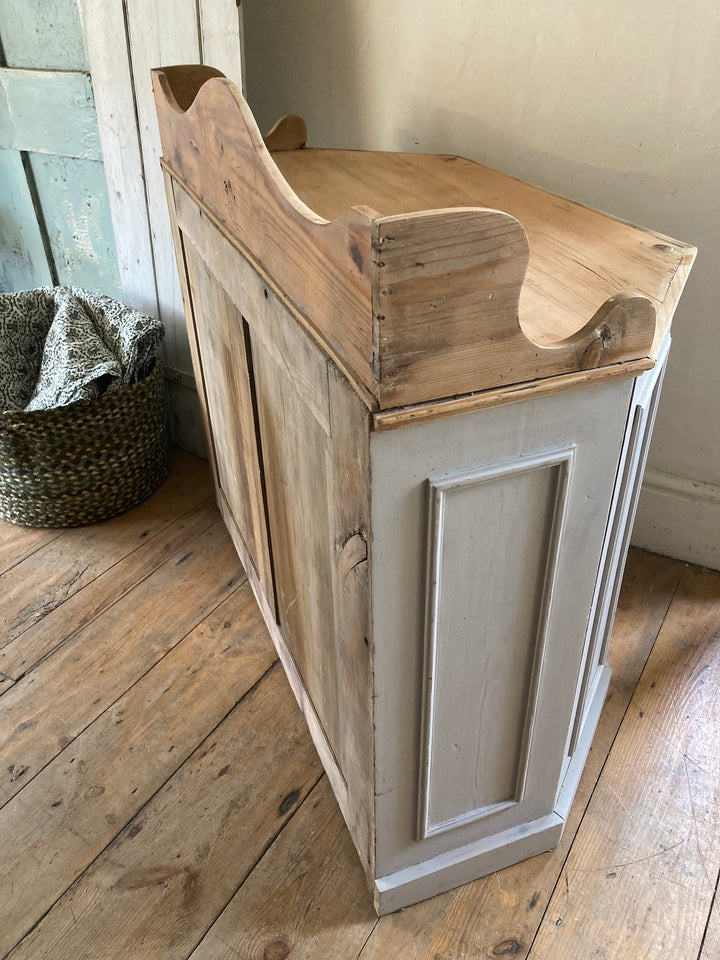 Vintage Pantry Cupboard with air vent, soft grey finish and pine top, perfect for charming kitchen storage from Source for the Goose, Devon.