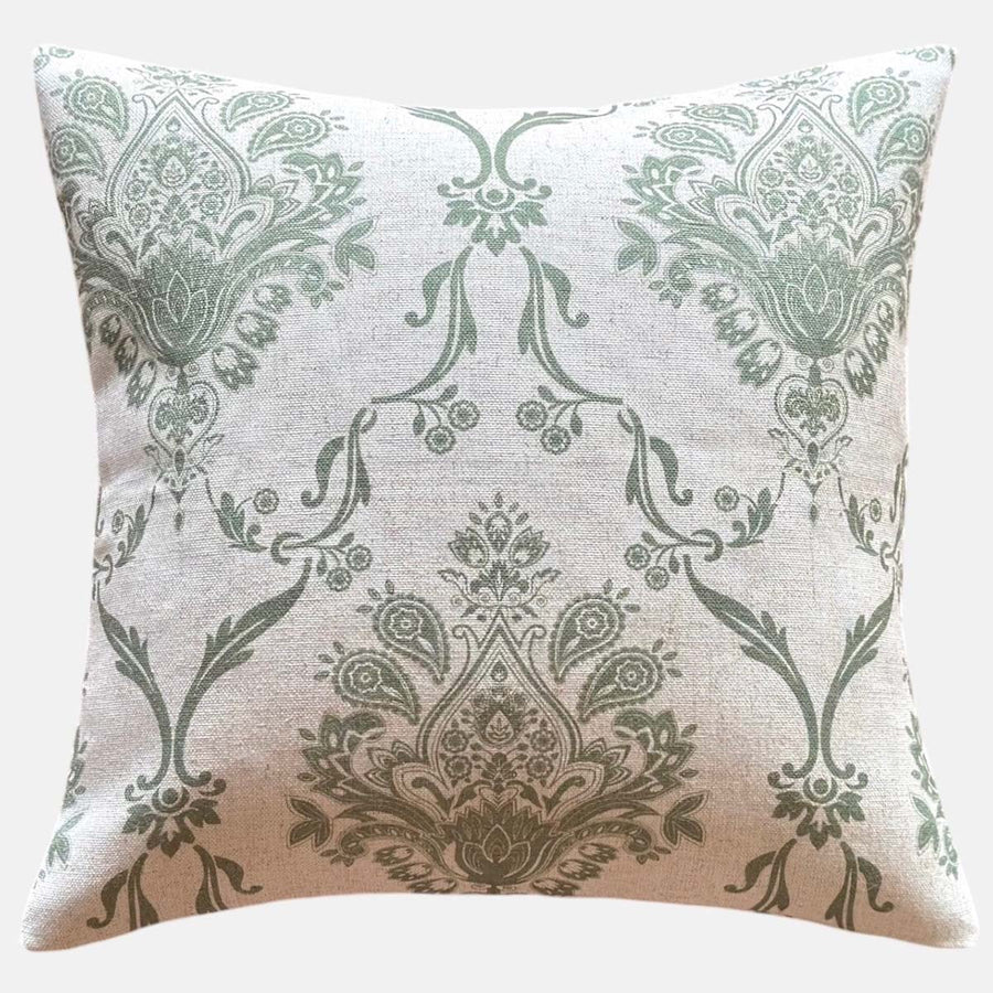 Sage Green Damask Cushion from Source for the Goose, Devon. Elegant design on soft linen, adding timeless style to home decor.