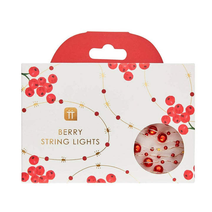 Red Berry Christmas String Lights in a box, Source for the Goose, Devon. Perfect for holiday decor with LED lights and gold wire design.