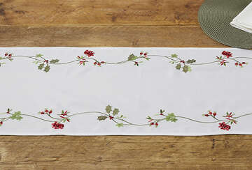 Embroidered Trailing Holly White Table Runner with red berries, perfect for festive dining, from Source for the Goose, Devon.