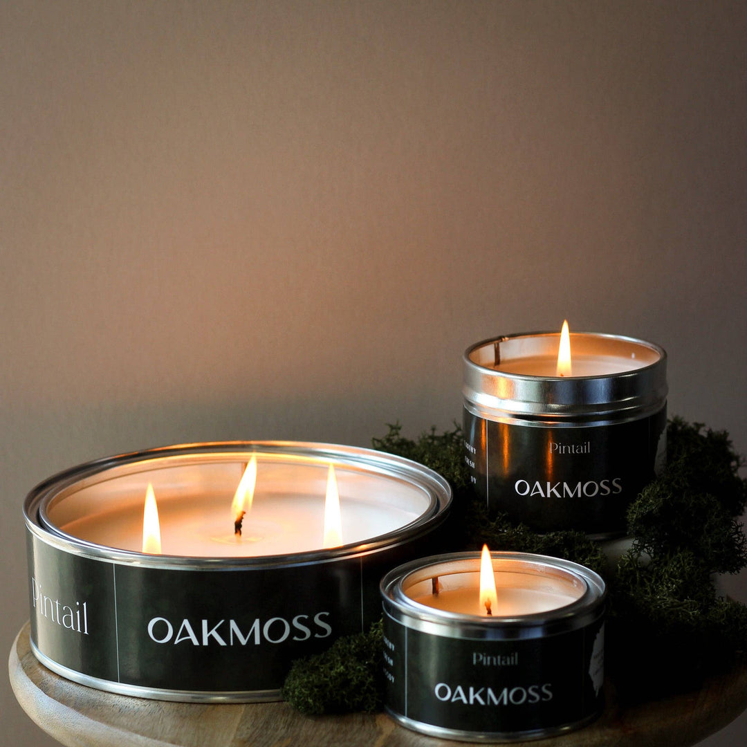 Pintail Candles Oakmoss Classic Tin Candle set with earthy autumn scent, handmade in Cumbria, available at Source for the Goose Devon.