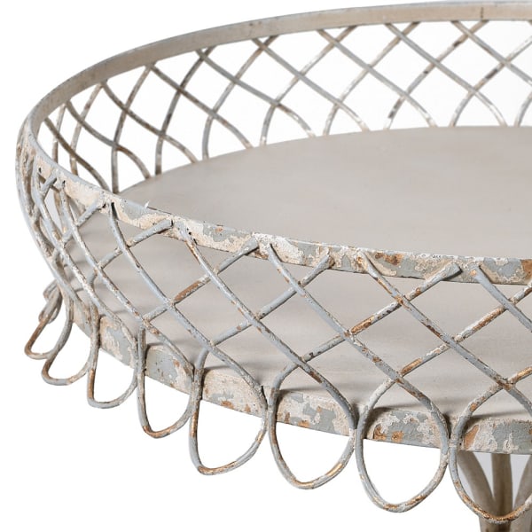 French Style Metal Side Table with distressed grey finish and decorative filigree high sides by Source for the Goose, Devon.