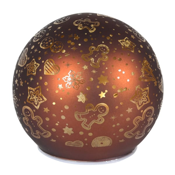 Gingerbread design light up glass ball for festive decor, available at Source for the Goose, Devon.