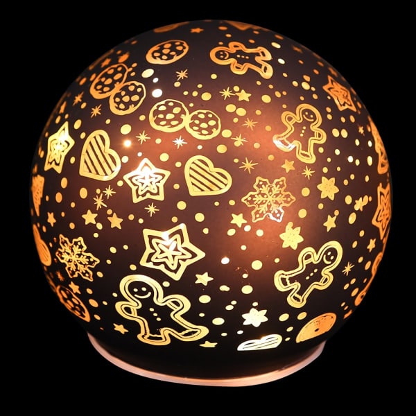 Light up glass ball with gingerbread design, festive holiday decor from Source for the Goose Devon.