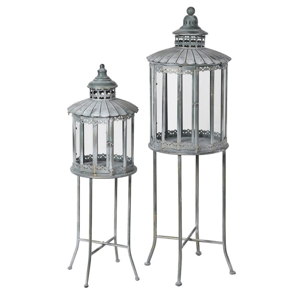 Vintage style grey lanterns on stands from Source for the Goose, Devon, perfect for candlelight ambiance.