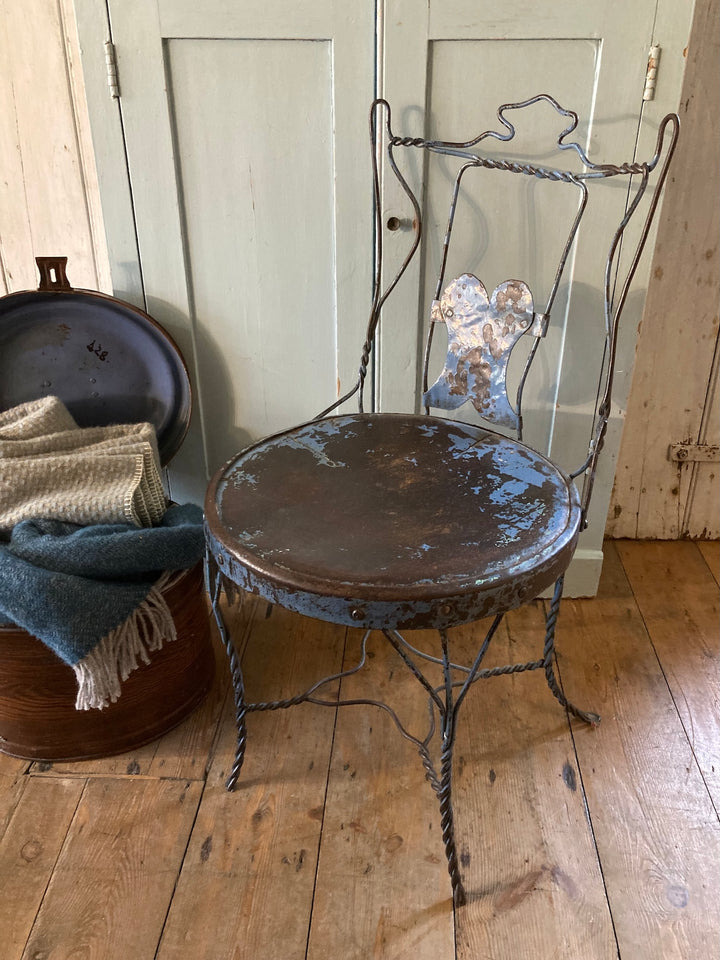 Handmade Metal Bistro Chair with chippy blue paint and vintage Victorian appeal by Source for the Goose, Devon.