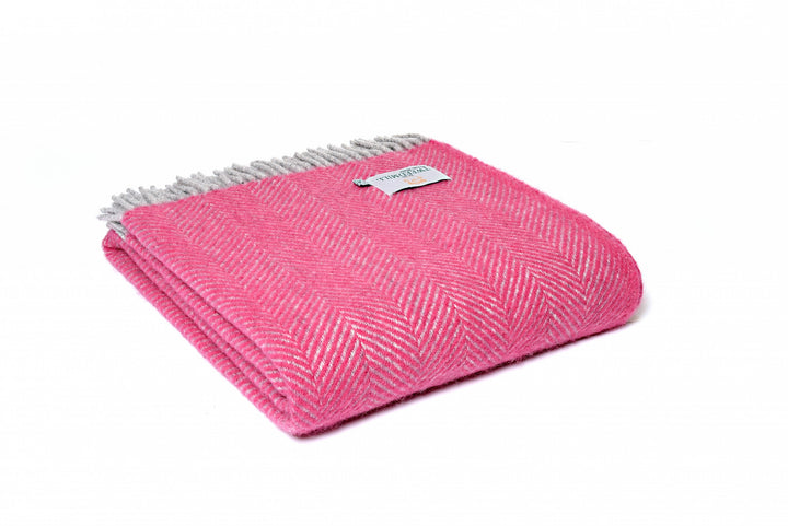 Tweedmill Herringbone Pink and Silver Grey Wool Blanket from Source for the Goose, cozy wool blanket perfect for modern interiors in Devon.