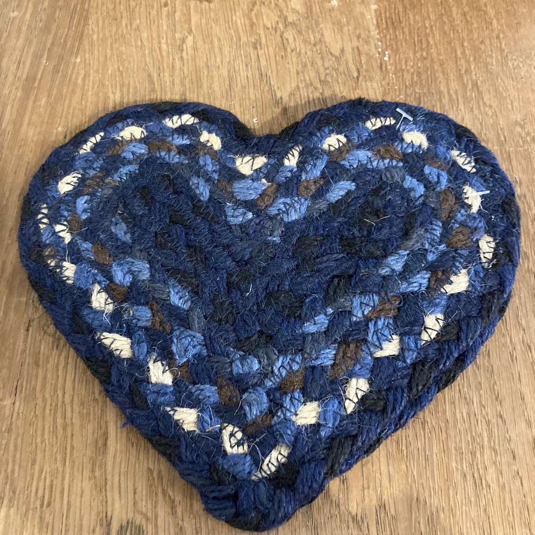 indigo blue heart shaped jute coaster by The Braided Rug Company for sale at Source for the Goose, Devon