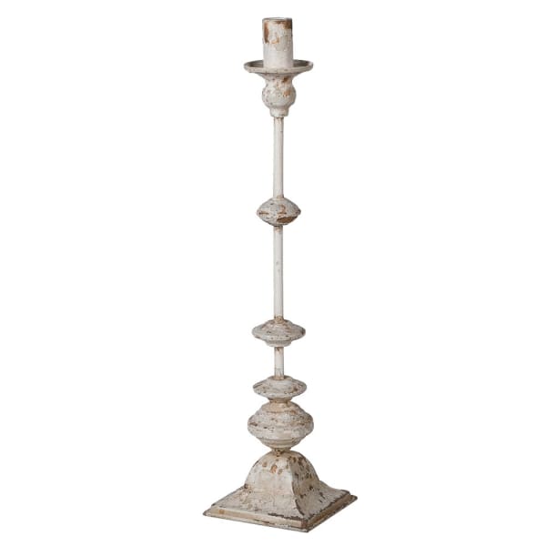 Tall French style candle holder with distressed grey and gold finish, perfect for home decor. Source for the Goose, Devon.