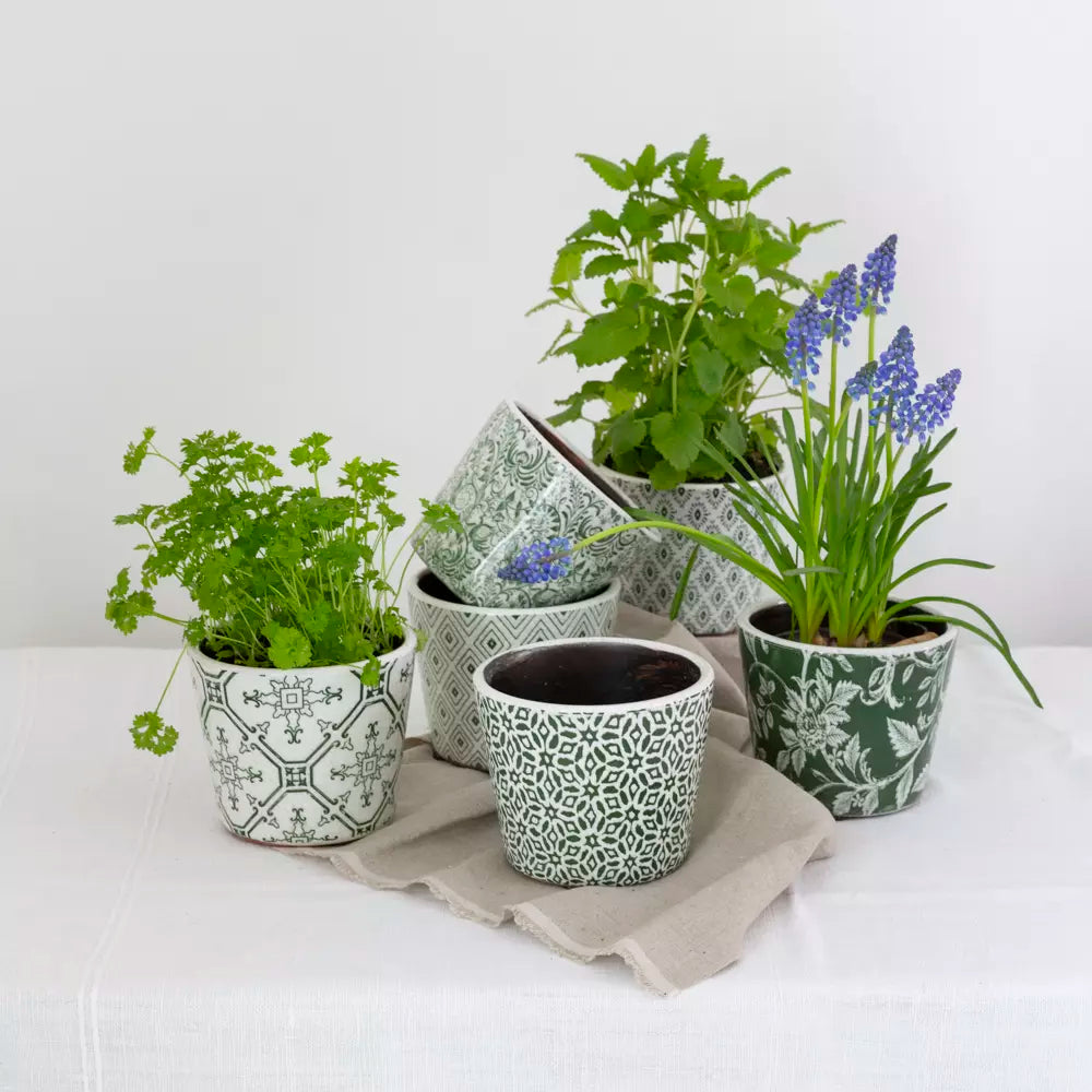 Collection of green vintage design flowerpots with herbs and flowers on a table, showcasing handcrafted terracotta style.