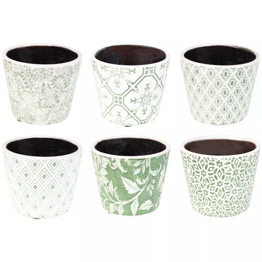 Set of six green vintage design flowerpots, handcrafted terracotta with unique patterns, perfect for home decor from Source for the Goose Devon.