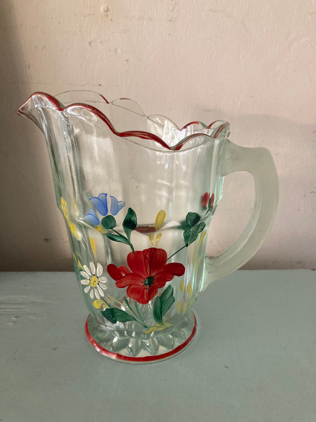 Vintage 1930s painted pressed glass jug with hand-painted summer flowers from Source for the Goose, Devon.