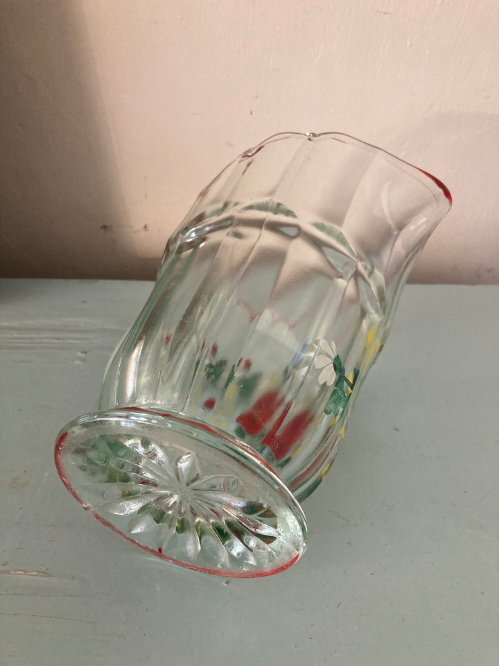 Vintage 1930s painted pressed glass jug with summer flowers, red edging, and frosted handle from Source for the Goose, Devon.