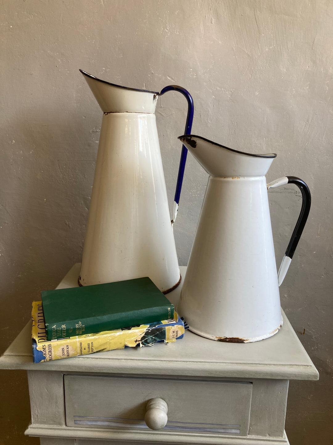 charming enamelware jugs for sale at Source for the Goose, Devon