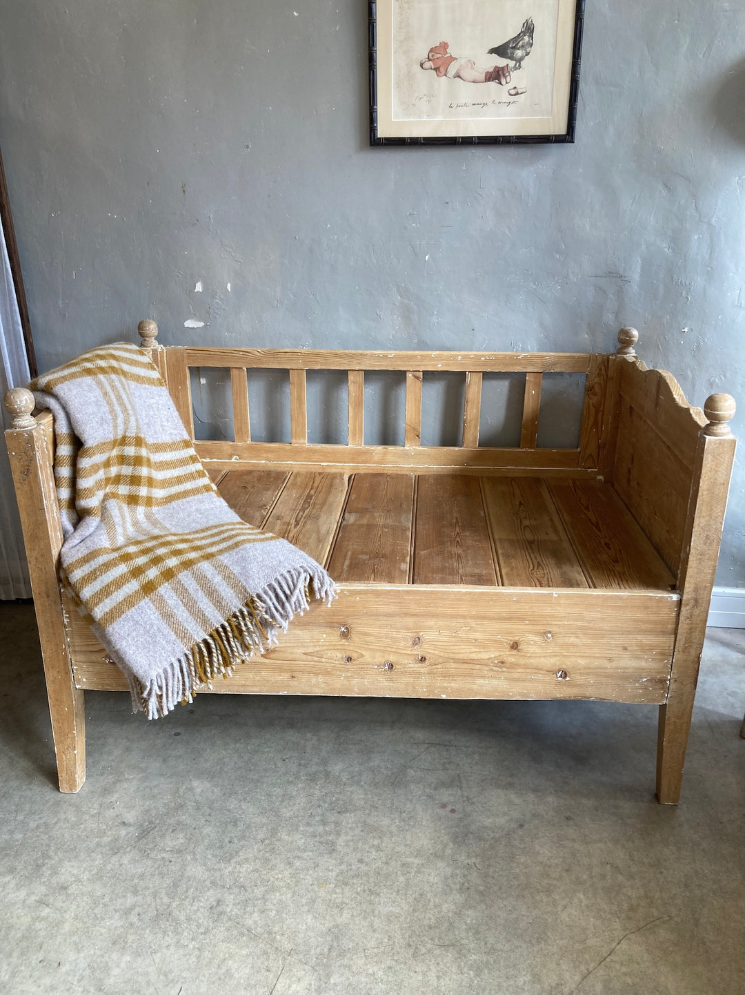 Vintage Pine Bench Seat with blanket, rustic style seating ideal for modern rustic decor. Source for the Goose, Devon.