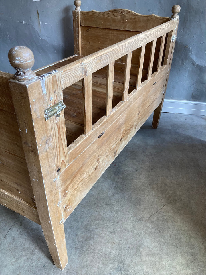 Rustic vintage pine bench seat repurposed from an old cot, perfect for modern rustic decor. Source for the Goose, Devon.