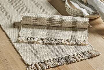 stripe cotton placemat with tassels in an attractive neutral taupe and off white colour way