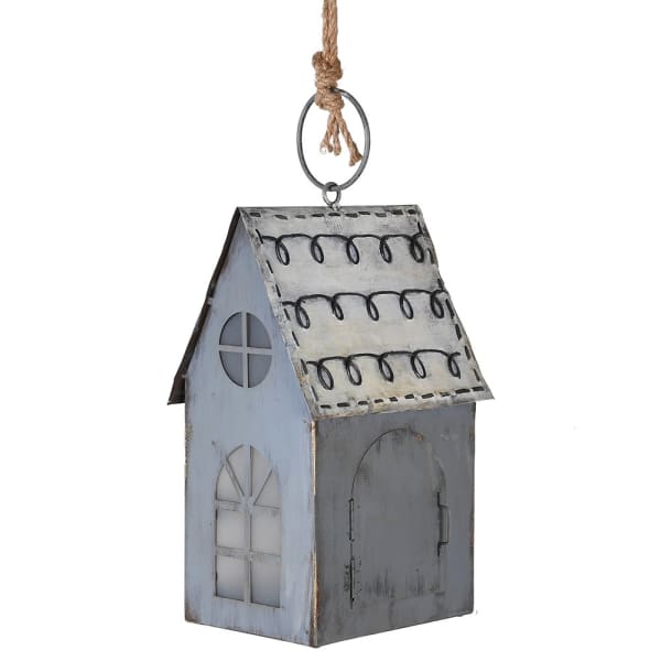 Rustic Hanging House with LED lights, zinc effect, by Source for the Goose Devon, featuring decorative windows and twine suspension.