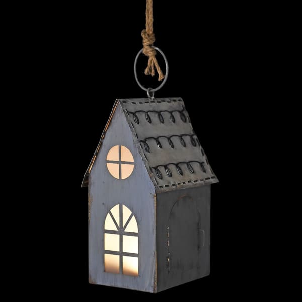 Rustic Hanging House with LEDs and zinc effect from Source for the Goose Devon, featuring decorative twine and warm light.