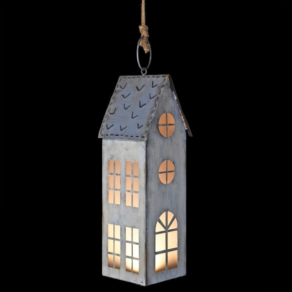 Rustic hanging house with LEDs and zinc effect, twine suspension, creating a warm glow. Available at Source for the Goose, Devon.