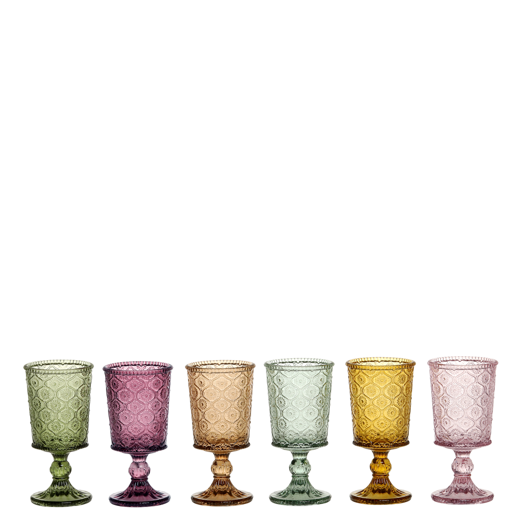 Set of six vintage style coloured wine glasses with raised design, from Source for the Goose, Devon. Perfect for elegant table settings.