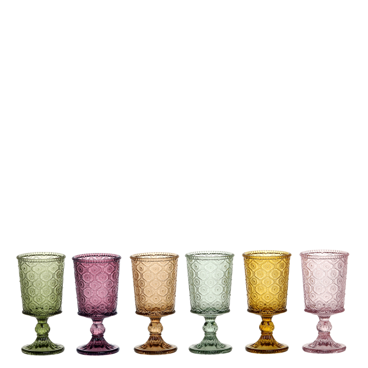 Set of six vintage style coloured wine glasses with raised design, from Source for the Goose, Devon. Perfect for elegant table settings.