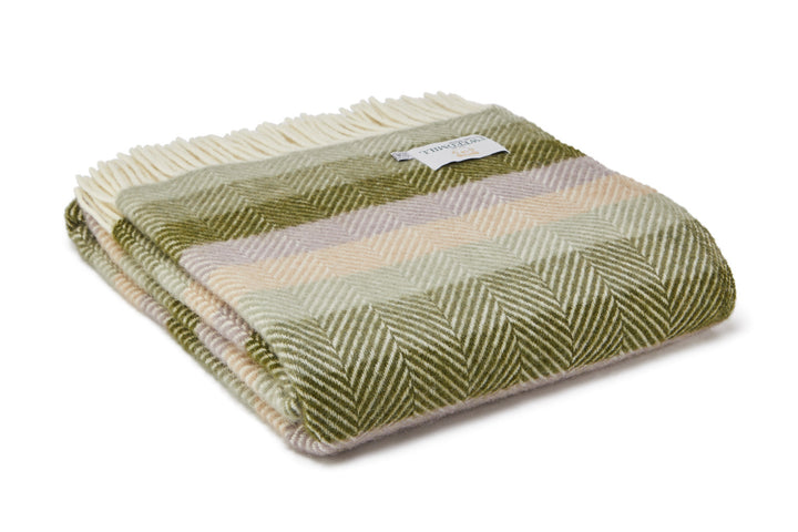 Tweedmill Botanical Green Stripe Pure Wool Throw with Cream Tassels - Source for the Goose, Devon