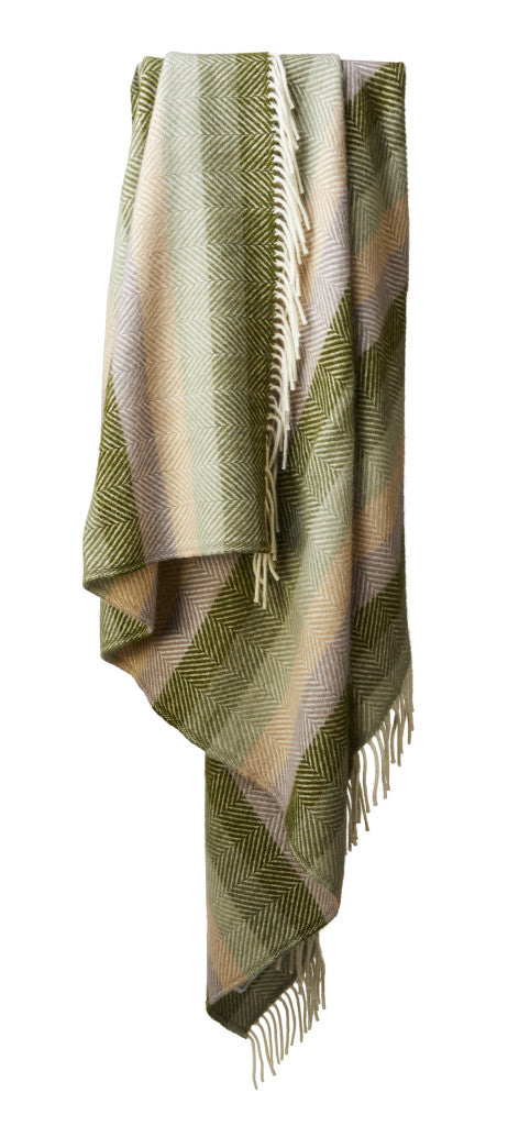 Tweedmill Botanical Green Stripe Pure Wool Throw with cream tassels from Source for the Goose Devon. Luxurious and stylish blanket.